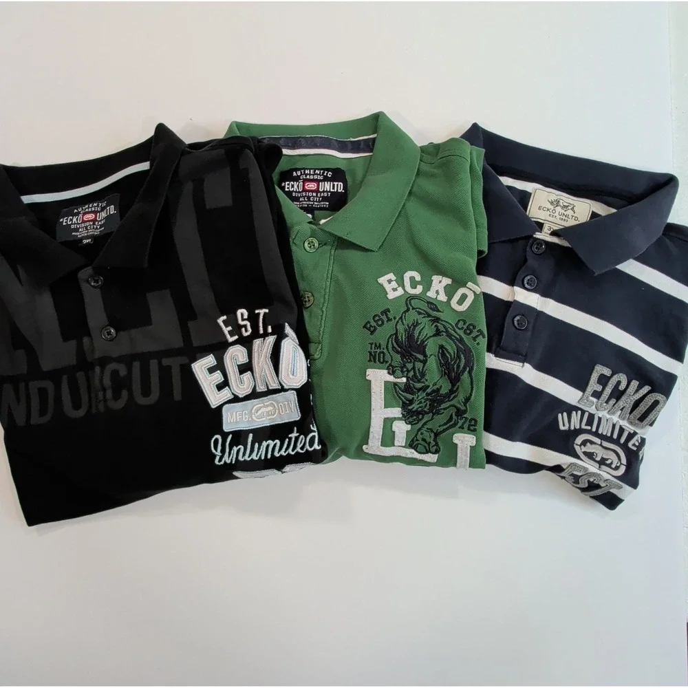 Lot of 3 Ecko Unltd Polo Shirts Mens 3XL Y2K Streetwear Graphic Golf Polos